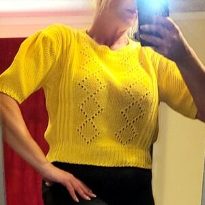 Vtg 80s Alicia yellow poofy sleeve sexy see through cropped argyle sweater M-XL